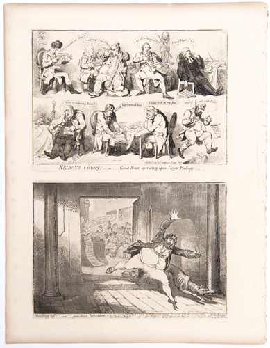 original James Gillray etchings The Tables Turned. Billy in the Devil's Claws. Billy Sending the Devil Packing.

Political Ravishment; or, The Old Lady of Threadneedle Street in Danger


